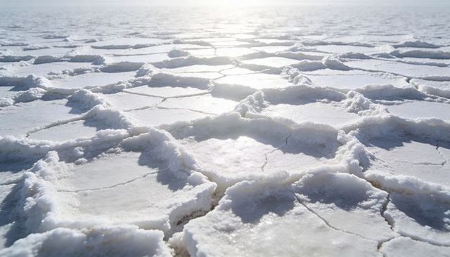 Sunlit salt crust on salt flat with polygonal pans and crystalline rims, abstract geometric texture