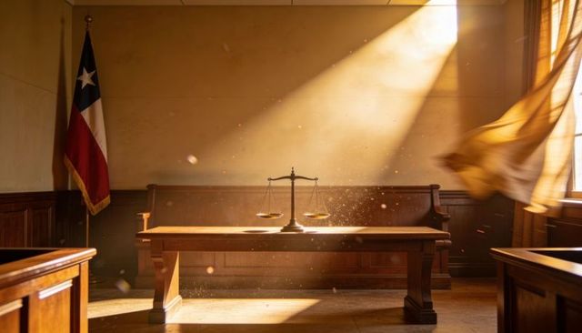 Golden sunlight streaming through courtroom highlighting balance scales on bench