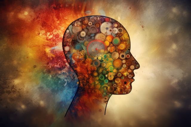 This vibrant illustration of a human head silhouette filled with colorful gears symbolizes creativity, imagination, and innovative thinking. It is ideal for use in articles and presentations on topics such as mental health, psychology, inspiration, and new ideas. It can also be employed in promotional material for educational and technological advancements linked to human cognition and creativity.