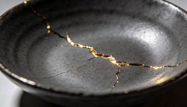 Kintsugi gold-repaired gray ceramic bowl with glowing golden veins and textured surface
