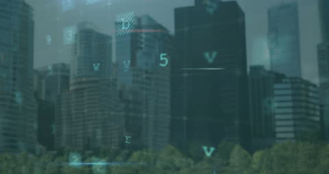 Data Integration Icons Hovering Over City Skyline
