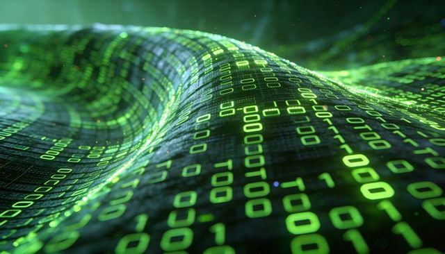 Undulating Neon Binary Grid Flowing Through Virtual Cyberspace Showing Data Network Dynamics