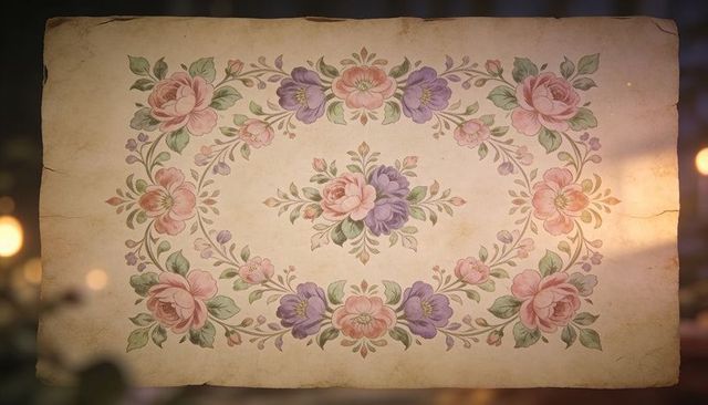 Hand-painted vintage floral wreath on aged parchment, pastel watercolor botanical border