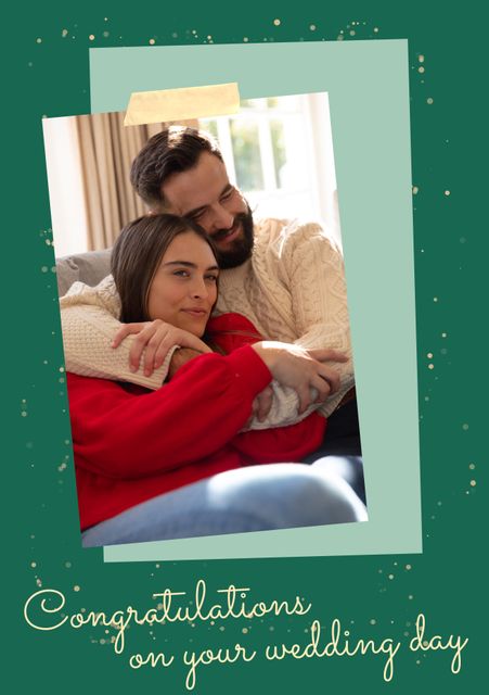 A cozy couple is embracing, celebrating their wedding day. This warm and affectionate scene is perfect for wedding congratulations, invitations, or love-related themes. Use it for wedding announcements, greeting cards, or social media posts celebrating love and commitment.