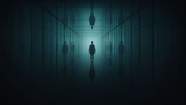Solitary silhouette walking toward vanishing point in mirrored glass corridor reflections