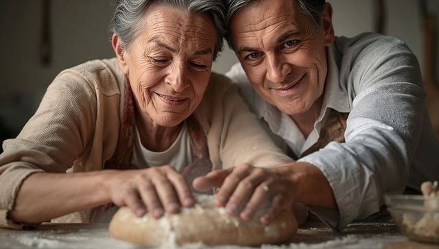 Senior couple kneading bread together, smiling while baking homemade loaf in cozy kitchen