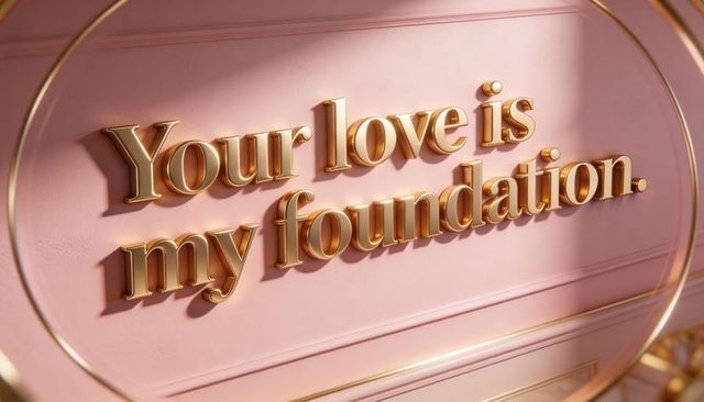 Golden 3d 'your love is my foundation' text on pastel pink panel with circular gold frame
