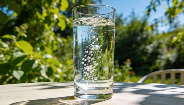 Bubbling tall glass of sparkling water on sunlit wooden table in backyard garden