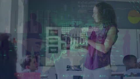 Teacher Conducting Class with Financial Graphs Overlay