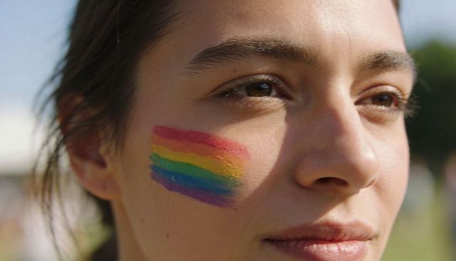 Sunlit close-up portrait showing woman wearing rainbow cheek paint at outdoor pride event