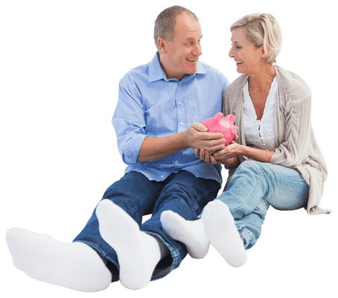 Happy Mature Couple Holding Transparent Piggy Bank