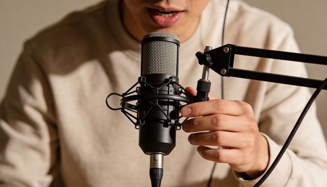 Asian male adjusting shock mount on condenser microphone while speaking in home studio