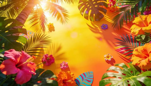 Sunlit tropical floral border framing vibrant hibiscus, plumeria and monstera leaves