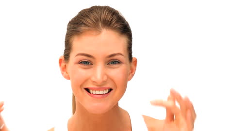 Smiling Woman Tweezing Eyebrows on White Background