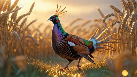 Colorful pheasant animal in a wheat field at sunset