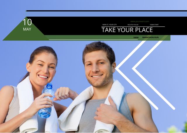 This stock photo features a fit, cheerful couple holding towels and a water bottle, promoting participation in a marathon. Perfect for advertising health and fitness events, gym promotions, or community team activities. Suitable for wellness blog posts or motivational campaign material encouraging togetherness and active lifestyles.