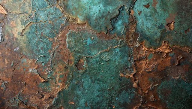Verdigris and rusted copper panel showing turquoise patina, peeling flakes and textured corrosion