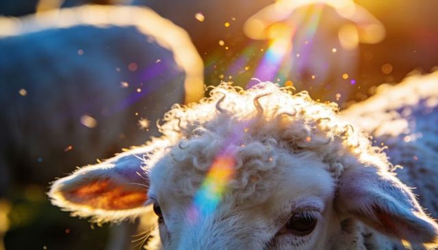 Backlit woolly sheep head with golden-haloed fleece and rainbow light flare in pasture
