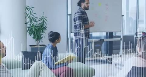 Presenter leading brainstorming session in modern lounge with animated data overlay