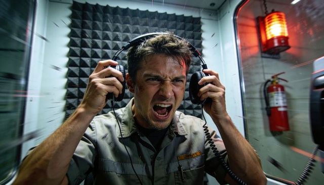 Operator yelling into headset in cramped industrial audio booth with red alarm light