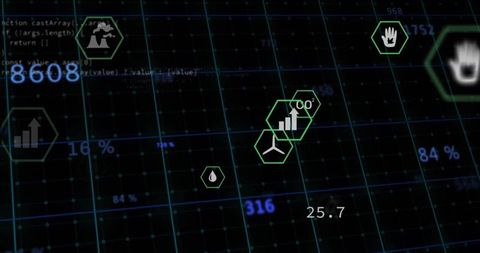 Futuristic Digital Interface with Data Visualizations Over 3D Tech Grid