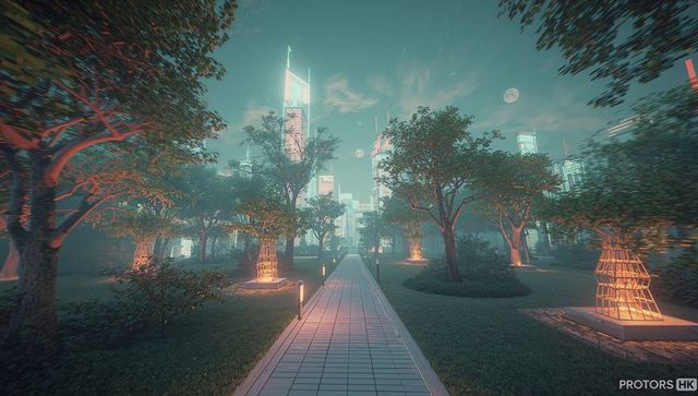 Futuristic Urban Park with Neon-Lit Skyscrapers at Dusk
