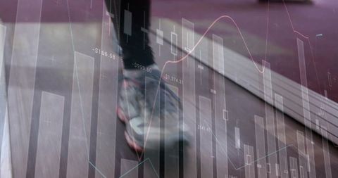 Stepping on treadmill with candlestick charts overlay illustrating fitness and finance