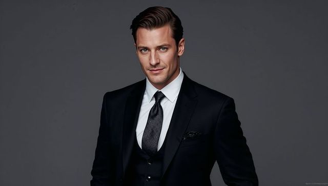 Confident man in elegant black three-piece suit against studio backdrop
