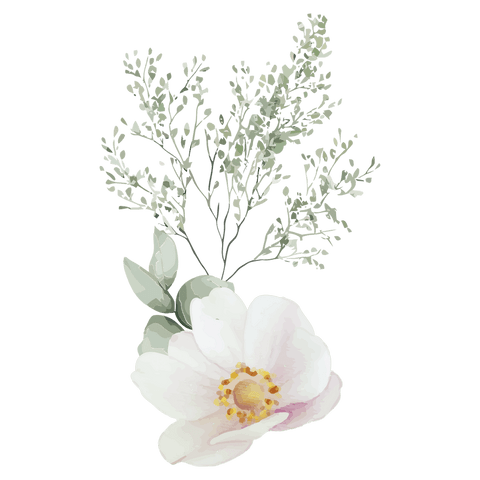 Transparent watercolor wild rose bouquet with delicate greenery and golden center