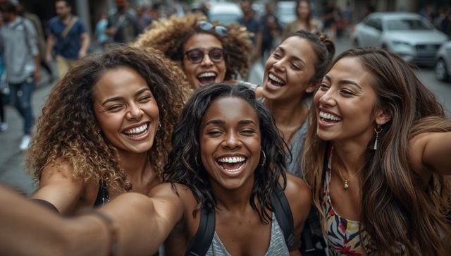 Laughing multicultural friends taking selfie on busy city street celebrating friendship