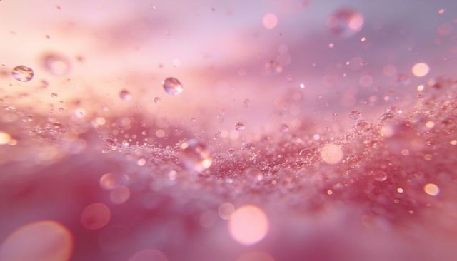 Glistening droplets and glitter sparkling on pink surface macro closeup with dreamy bokeh