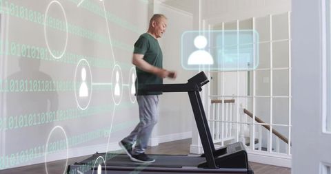 Asian man running on treadmill with augmented reality fitness interface at home