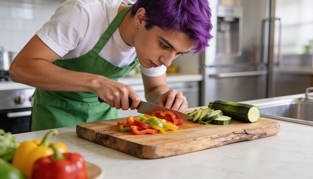 Young man with purple hair slicing colorful peppers and zucchini on wooden board