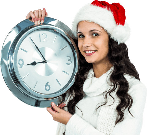 woman with christmas hat holding metallic wall clock transparent background - Download Free Stock Videos Pikwizard.com