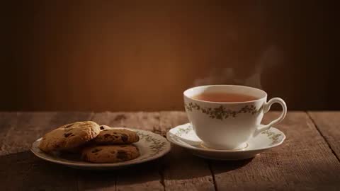 Steaming porcelain teacup and chocolate chip cookies resting on rustic wooden table