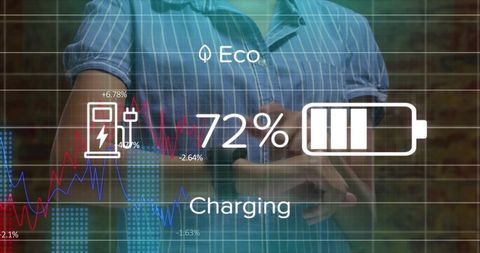 Woman interacting with ar display showing 72% battery