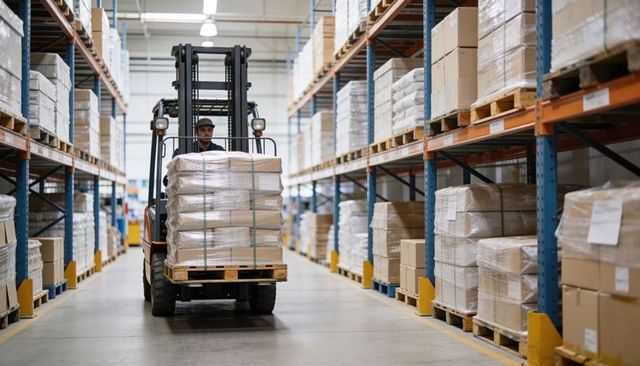 Forklift operator transporting wrapped pallet through warehouse aisle, logistics