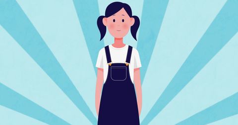 Smiling Cartoon Girl in Denim Overalls Against Sunburst Background