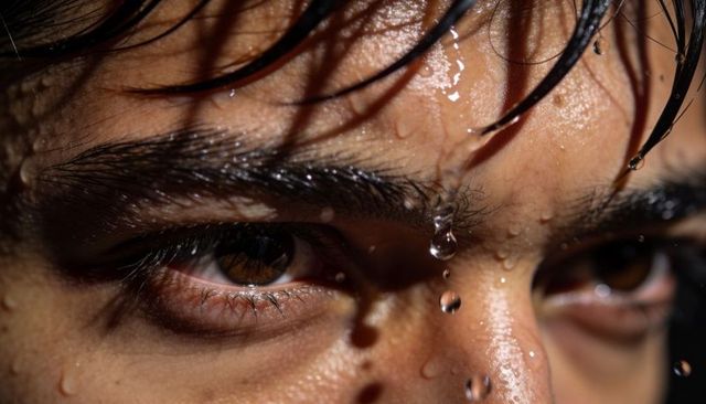 Intense wet male gaze close-up with water droplets on skin, brown irises, glossy texture