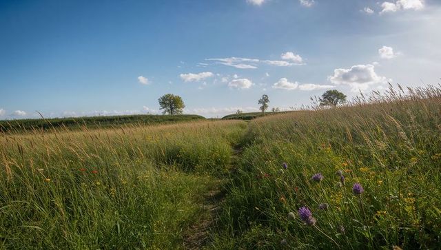 Narrow footpath leading through wildflower meadow toward lone trees under blue sky