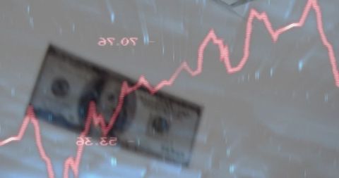 Dollar overlaid with red fluctuating line graph on financial dashboard