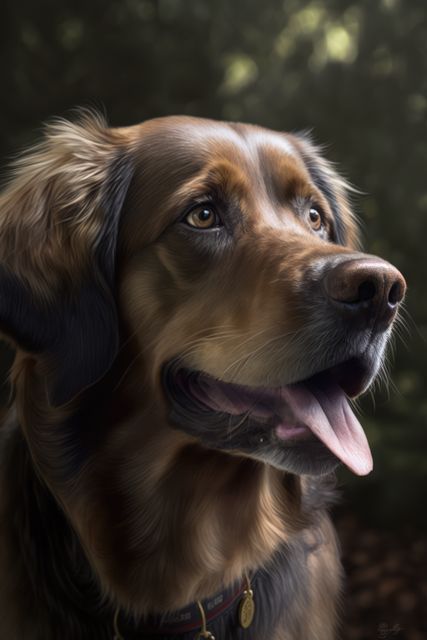 Golden Retriever dog sitting outdoors in forest setting with joyful expression and tongue out, under natural sunlight. Excellent choice for pet care advertisements, blog posts on dog breeds, or promotional material for outdoor pet activities.