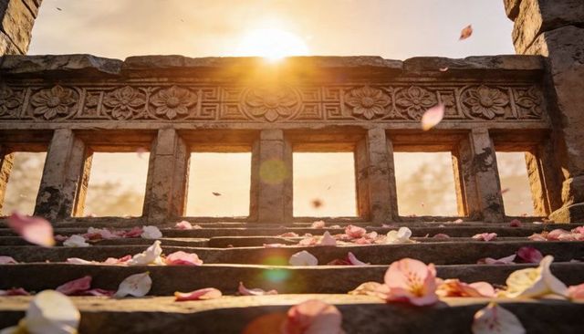 Sunlit stone steps with ornate carved balustrade and scattered pink blossom petals