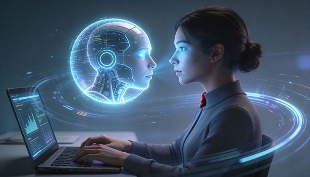 Woman coding with holographic ai assistant over laptop, futuristic data visualization