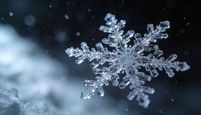 Macro crystal snowflake showcasing dendritic branches on powder snow with bokeh highlights