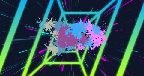 Neon light tunnel with vibrant abstract paint splashes