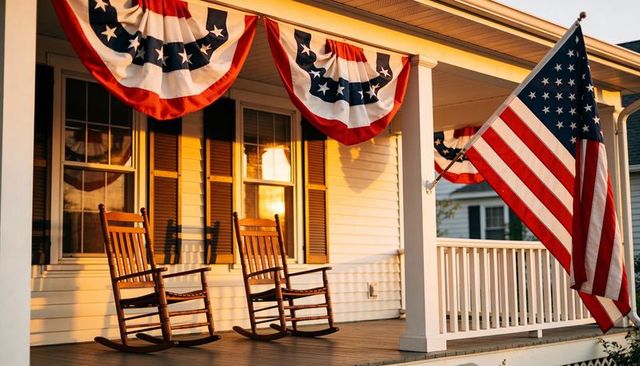 Sunlit front porch with wooden rocking chairs, american flag and patriotic bunting at golden hour