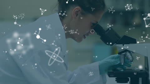 Scientist Observing Microscope Surrounded by Animated Molecules