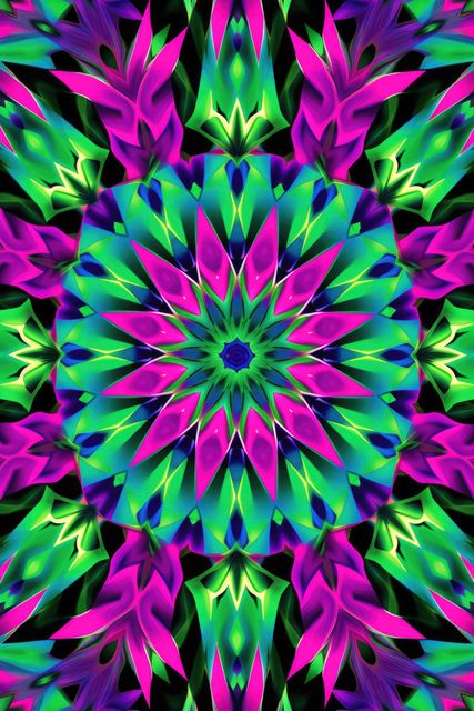 This intricate pattern features a kaleidoscopic design with vibrant colors including pink, green, purple, and blue. The symmetrical, psychedelic pattern can be used in various creative projects like digital artwork, graphic design, wallpapers, fabric prints, or as an eye-catching background for presentations.