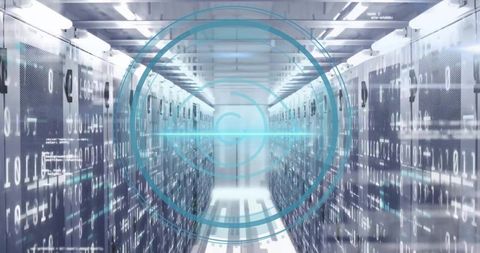 Futuristic Data Center Corridor with Binary Overlay and Holographic HUD Rings for Cybersecurity